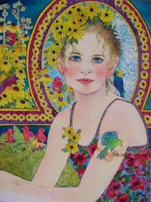 A girl adorned with sunflowers and pink flowers alongside birds